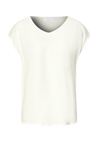 Camicia bianca a maniche corte con scollo a V, caratterizzata da dettagli in pizzo testurizzato sulle spalle. Tessuto liscio con vestibilità ampia.