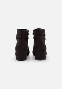 Par de botas de ante negras hasta el tobillo con tacones de bloque y cremalleras laterales, mostradas desde la parte de atrás sobre un fondo blanco liso.