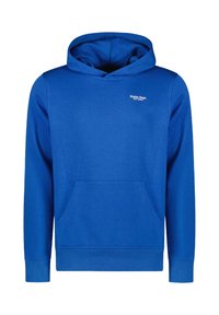 Koninklijkblauwe hoodie met een voorzak en een klein wit logo op de borst. Eenvoudig ontwerp, geschikt voor casual draag.