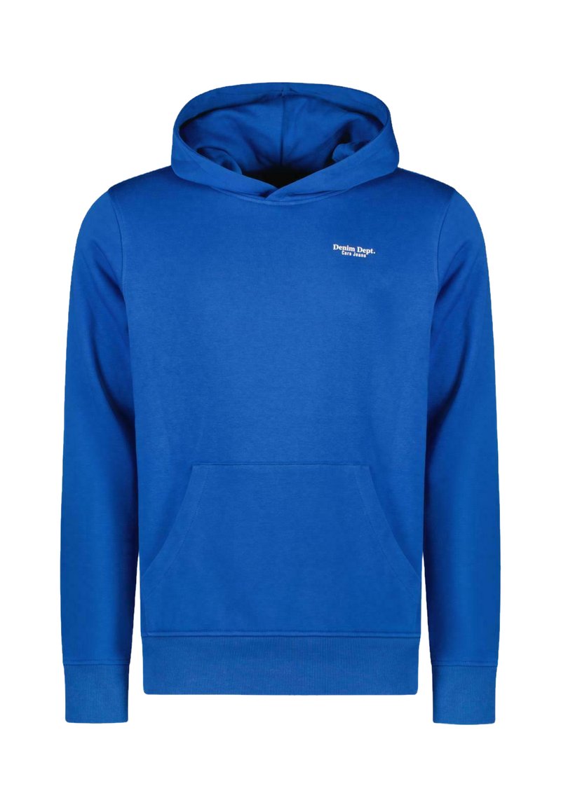 Koninklijkblauwe hoodie met een voorzak en een klein wit logo op de borst. Eenvoudig ontwerp, geschikt voor casual draag.