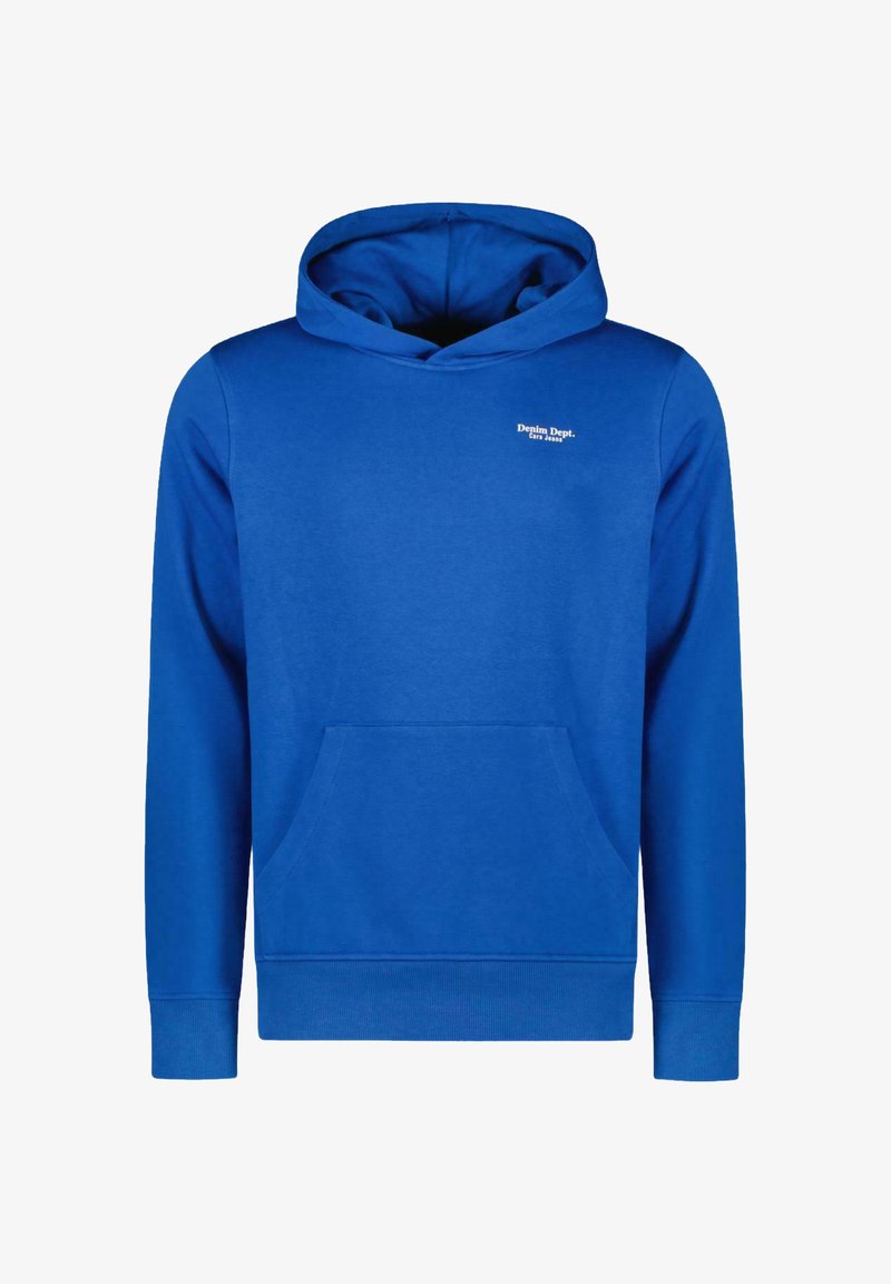 Koninklijkblauwe hoodie met een voorzak en een klein wit logo op de borst. Eenvoudig ontwerp, geschikt voor casual draag.