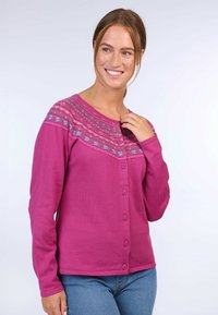 Magenta cardigan with floral-patterned yoke, round neck, and six-button front closure. Smooth texture with long sleeves.