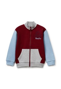 Chaqueta con cremallera en rojo y azul claro con detalles en gris. Cuenta con un cuello alto, dos bolsillos frontales y un logo bordado en el pecho.