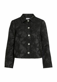 Veste en jacquard noir avec un motif floral, col classique, manches longues, et boutons en argent sur le devant. Tissu texturé.