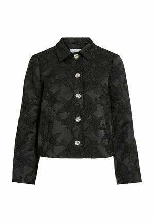 Schwarze Jacquardjacke mit floralem Muster, Kragen, langen Ärmeln und silbernen Knöpfen auf der Vorderseite. Strukturierter Stoff.