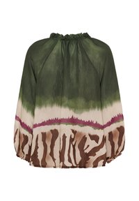 Elastisk blus i grön och beige med abstrakta mönster i brunt och rosa, med en volangkrage och generösa ärmar.