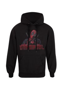 Hoodie nero in cotone con una grande grafica del personaggio Deadpool rosso e nero. Presenta una tasca frontale e un cappuccio regolabile con cordini.