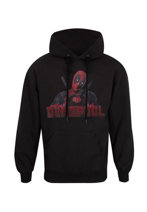 Hoodie nero in cotone con una grande grafica del personaggio Deadpool rosso e nero. Presenta una tasca frontale e un cappuccio regolabile con cordini.