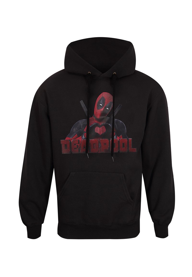 Hoodie nero in cotone con una grande grafica del personaggio Deadpool rosso e nero. Presenta una tasca frontale e un cappuccio regolabile con cordini.