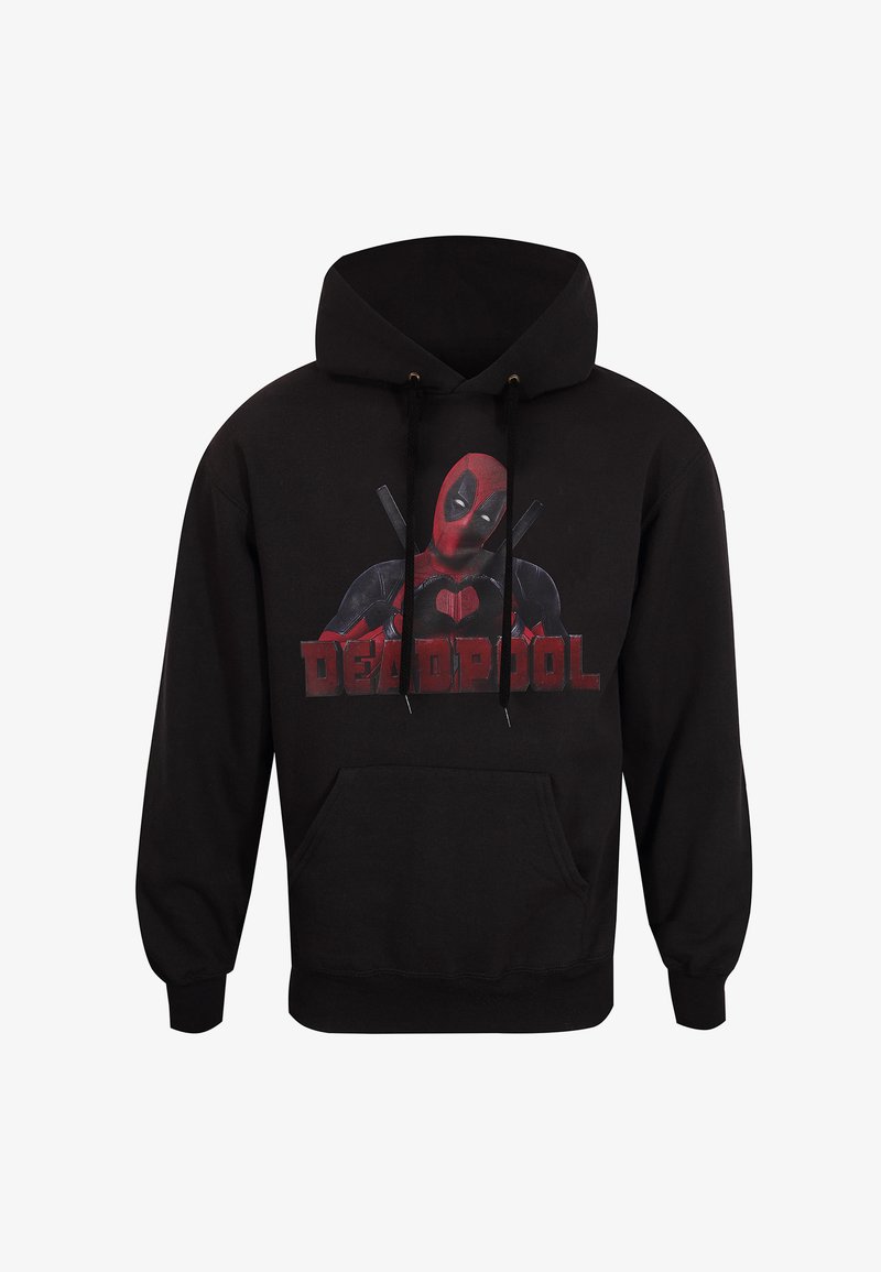 Hoodie nero in cotone con una grande grafica del personaggio Deadpool rosso e nero. Presenta una tasca frontale e un cappuccio regolabile con cordini.