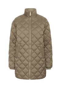 Khakifarbene gesteppte Jacke mit hohem Kragen, durchgehendem Reißverschluss und langen Ärmeln. Verfügt über Rautenmuster und gerippte Bündchen.