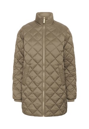 Veste matelassée kaki avec un col haut, fermeture éclair intégrale et manches longues. Présente des motifs en losange et des poignets côtelés.