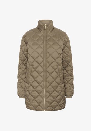 Veste matelassée kaki avec un col haut, fermeture éclair intégrale et manches longues. Présente des motifs en losange et des poignets côtelés.