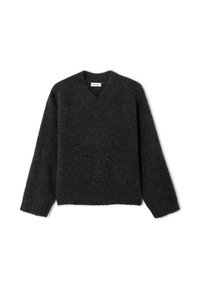 Dark gray v-neck sweater made of soft knit material. Features long sleeves and ribbed cuffs. Simple, classic design with no patterns or embellishments.