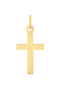 Goldene Kreuzanhänger mit mattem Finish, ausgestattet mit einer runden Schlaufe oben zur Befestigung. Schlichte, geometrische Form ohne Verzierungen.