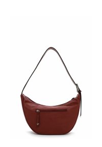 Leather handbag in deep red, crescent shape. Features a zippered pocket, single curved strap, smooth texture, and silver-tone hardware accents.