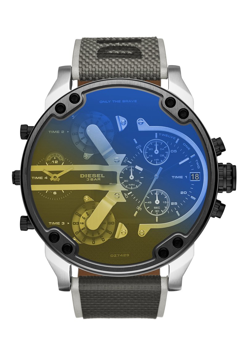 Große Diesel-Uhr mit mehrfarbigem Gradienten-Ziffernblatt, silbernen und schwarzen Elementen, grauem Armband, mehreren Ziffernblättern und der Inschrift "3 BAR".