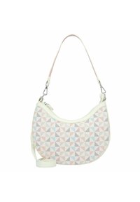 Hobo tas met een witte leren rand en een geometrisch patroon van roze, blauwe en grijze driehoeken; verstelbare schouderband en ritssluiting.