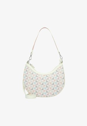Hobo tas met een witte leren rand en een geometrisch patroon van roze, blauwe en grijze driehoeken; verstelbare schouderband en ritssluiting.