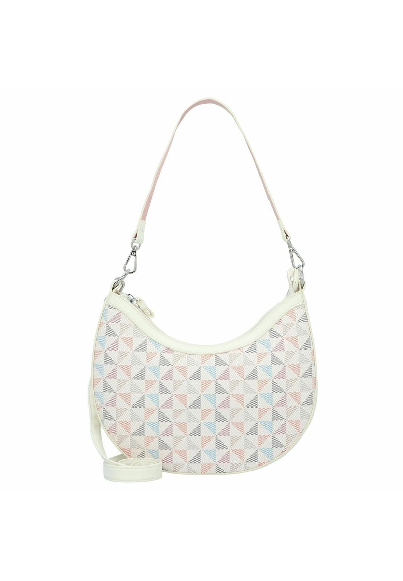 Hobo tas met een witte leren rand en een geometrisch patroon van roze, blauwe en grijze driehoeken; verstelbare schouderband en ritssluiting.