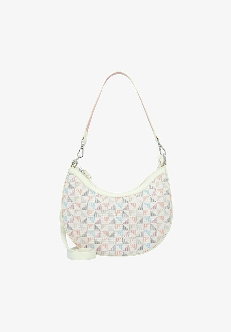 Borsa hobo con profili in pelle bianca e un motivo geometrico di triangoli rosa, blu e grigi; tracolla regolabile e chiusura con zip.
