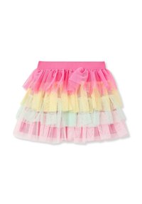 Gonna in tulle con una fascia rosa, caratterizzata da volant sovrapposti in rosa, giallo e verde menta. Tessuto leggero e trasparente con una finitura testurizzata.