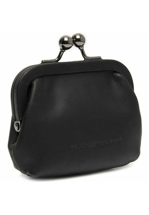 Zwarte leren muntenportemonnee met zilverkleurige kiss-lock sluiting en subtiele, ingeborgde merknaam aan de voorkant.