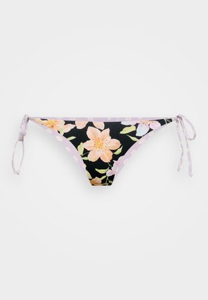Bloemen bikini-onderdeel met een zwarte achtergrond en grote perzik- en lichtroze bloemen, lila strikjes en een lage taille.