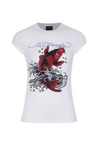 White t-shirt with short sleeves featuring a red fish design with sparkling accents and blue wave patterns, branded "Ed Hardy."