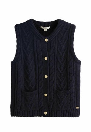 Navy blue knitted vest featuring a cable pattern, V-neck, six gold buttons, and two front pockets with ribbed hem.