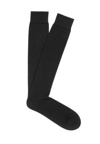 Calze nere fino al ginocchio realizzate in tessuto liscio ed elastico con polsino a costine in cima; senza motivi o decorazioni visibili.