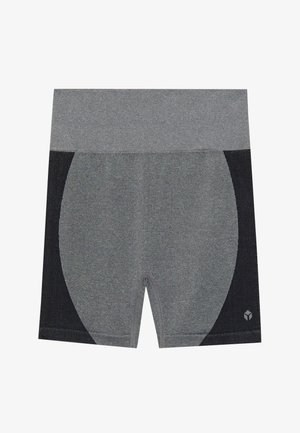 Grijze sportshorts met een brede elastische tailleband. Heeft een gestructureerd zwart zijpaneel en een logo rechtsonder. Glad materiaal.