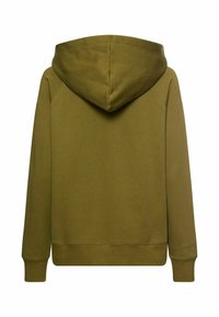 Oliwkowa bluza z kapturem o miękkiej fakturze, z raglanowymi rękawami oraz prążkowanym ściągaczem na dole i przy mankietach. Widok z tyłu ukazuje gładką powierzchnię.