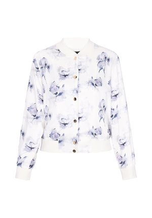 Giacca bomber bianca con stampa floreale ad acquerello blu-grigio, polsini e collo a coste e bottoni a pressione dorati sul davanti.