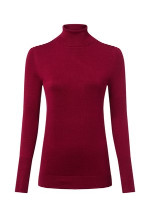 Czerwony sweter z golfem wykonany z delikatnej dzianiny. Posiada długie rękawy, dopasowany krój oraz prążkowane akcenty przy kołnierzu i mankietach.