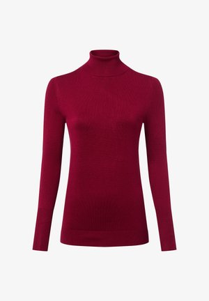 Czerwony sweter z golfem wykonany z delikatnej dzianiny. Posiada długie rękawy, dopasowany krój oraz prążkowane akcenty przy kołnierzu i mankietach.