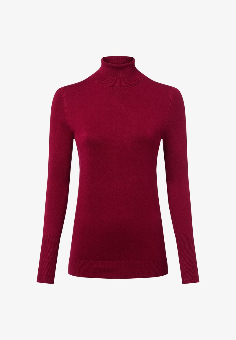 Czerwony sweter z golfem wykonany z delikatnej dzianiny. Posiada długie rękawy, dopasowany krój oraz prążkowane akcenty przy kołnierzu i mankietach.