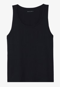 Zwarte katoenen tanktop met een ronde halslijn, mouwloos ontwerp en rechte zoom. Bevat een merklabel nabij de hals. Soepele textuur.
