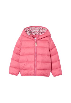 Pink quilted children’s jacket with hood and front zipper, floral pattern lining inside the hood, long sleeves, and elastic cuffs.