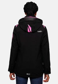 Person with braided hair wearing a black Marikoo Mountain jacket with pink accents, viewed from the back against a plain background.