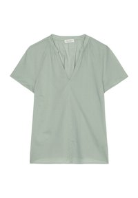 Top a maniche corte in tessuto verde chiaro, con scollatura a V e pieghe sottili sul davanti. Tessuto morbido con una vestibilità comoda.