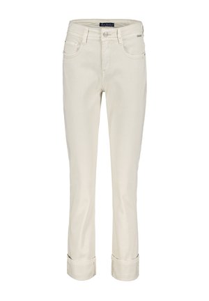 Creme kleurige denim jeans met een slim fit design, voorzien van opgerolde boorden, zijzakken en een ritssluiting. Soepele textuur, casual stijl.