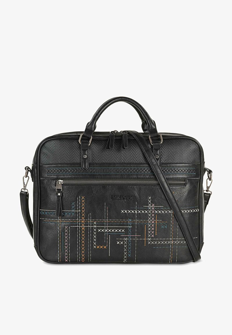 Bolsa de portátil de cuero Negro con un patrón texturizado, que presenta líneas de colores cosidas y dos asas superiores, además de una correa de hombro desmontable.