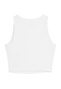 Witte geribbelde crop top met een ronde halslijn en brede armsgaten. De stof is glad met een subtiele textuur en heeft een rechte onderkant.