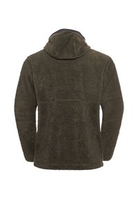 Fleece-Pullover in olivgrün, mit einer weichen strukturierten Außenseite, Kapuzen-Design und geradem Schnitt. Enthält keine sichtbaren Beschläge oder Akzente.