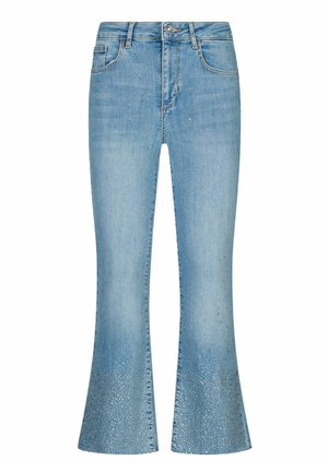 Lys blå denim flare jeans med høj talje, med en subtil drys af metalliske udsmykninger nær kanten og klassisk fem-lomme design.