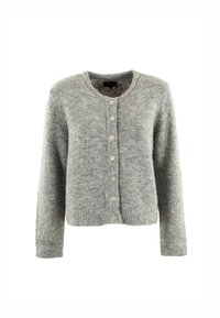 Cardigan de punto gris con cuello redondo, cierre frontal de botones y puños acanalados. Textura suave y corte regular sin patrones.