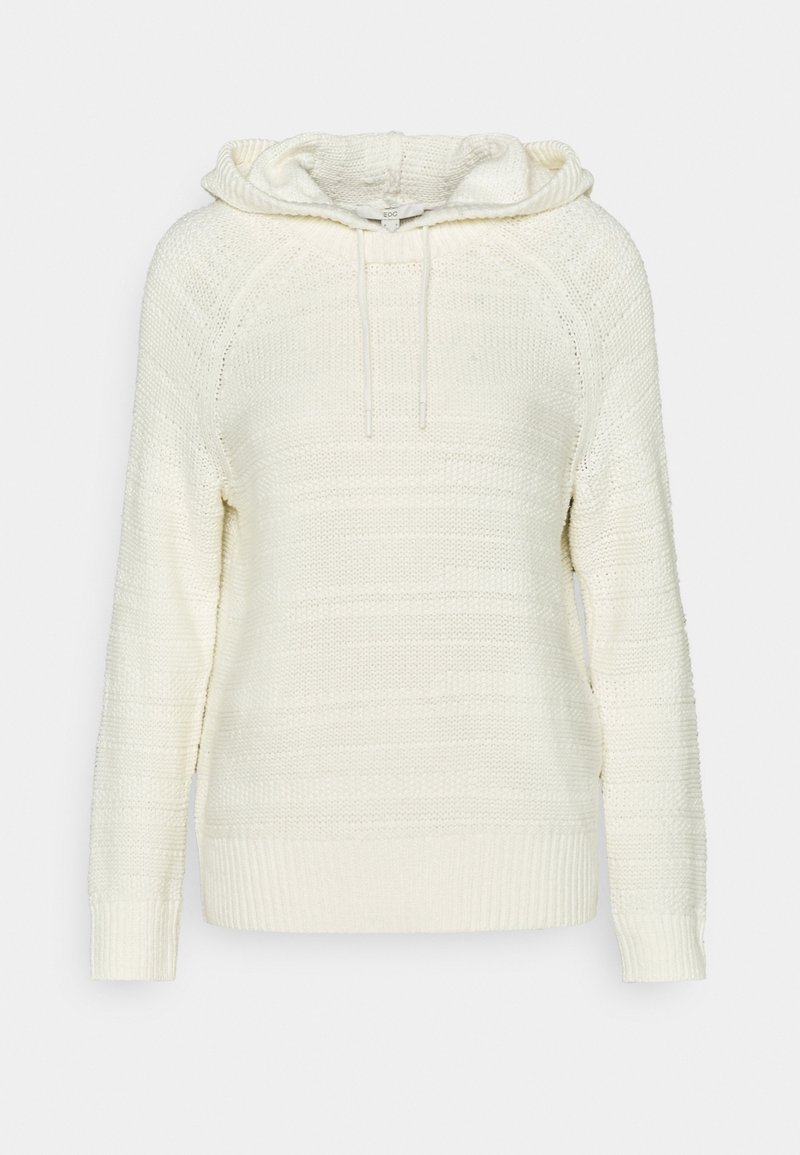 Pull en maille crème avec capuche et cordon, manches longues, poignets et ourlet côtelés, présenté sur un fond uni.