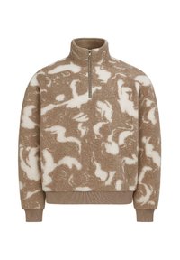 Pullover in felpa beige con un motivo astratto bianco, dotato di un collo con mezza zip, maniche lunghe e polsini e orlo a coste.