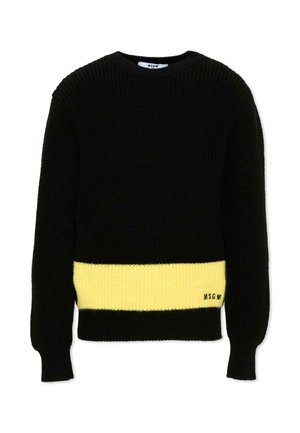Czarny dziergany sweter z długim rękawem z szerokim, poziomym żółtym paskiem w pobliżu brzegu i małym napisem "MSGM" wyszytym na dole po prawej stronie.